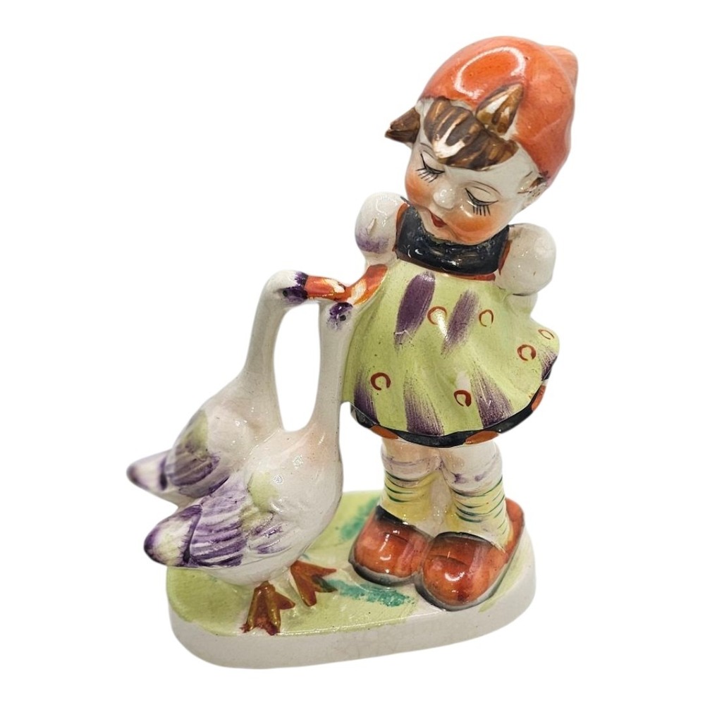 Vintage Porcelain Girl with Geese Figurine Hand Painted Made‎ in Japan